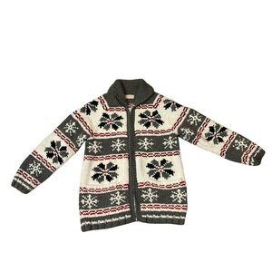 Handmade Knit Sweater Cardigan Snowflake Zip Up Pockets Large Men's